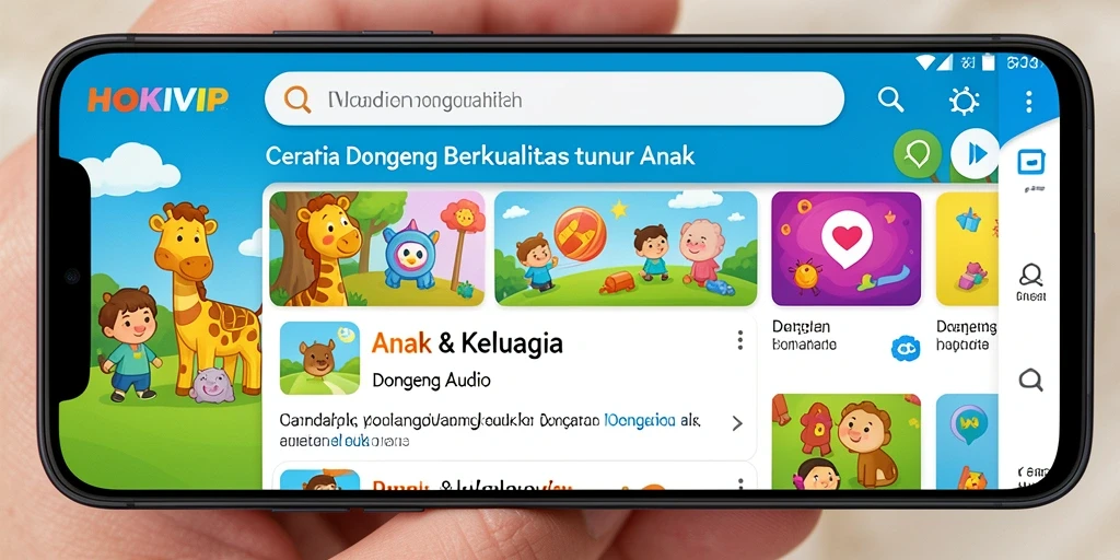 Tampilan aplikasi HOKIVIP dengan berbagai pilihan dongeng audio untuk anak.