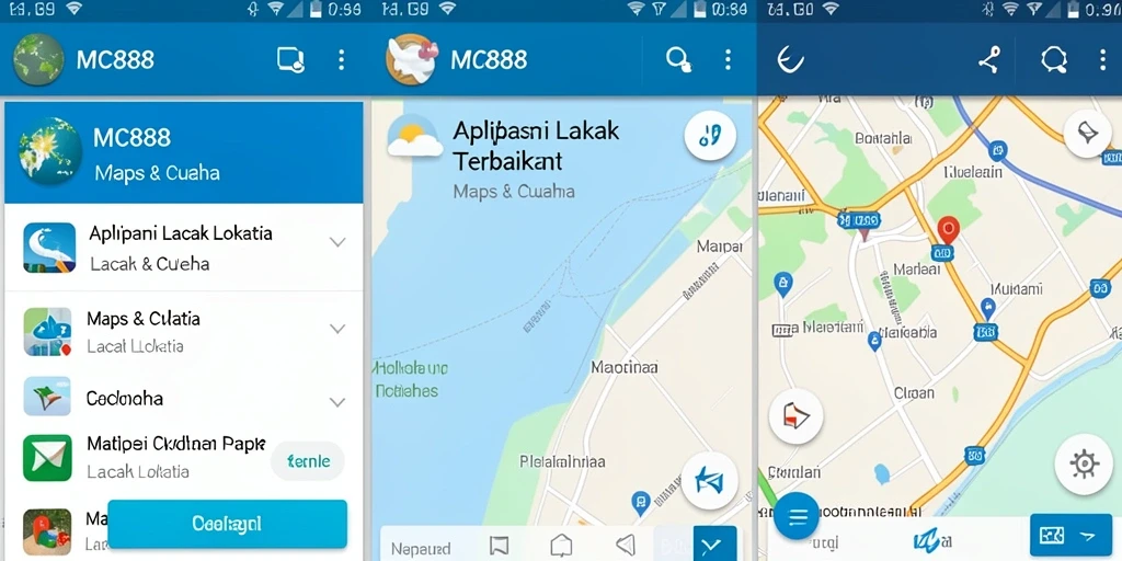 Antarmuka utama aplikasi Lacak Lokasi MC888 dengan peta dan cuaca real-time.